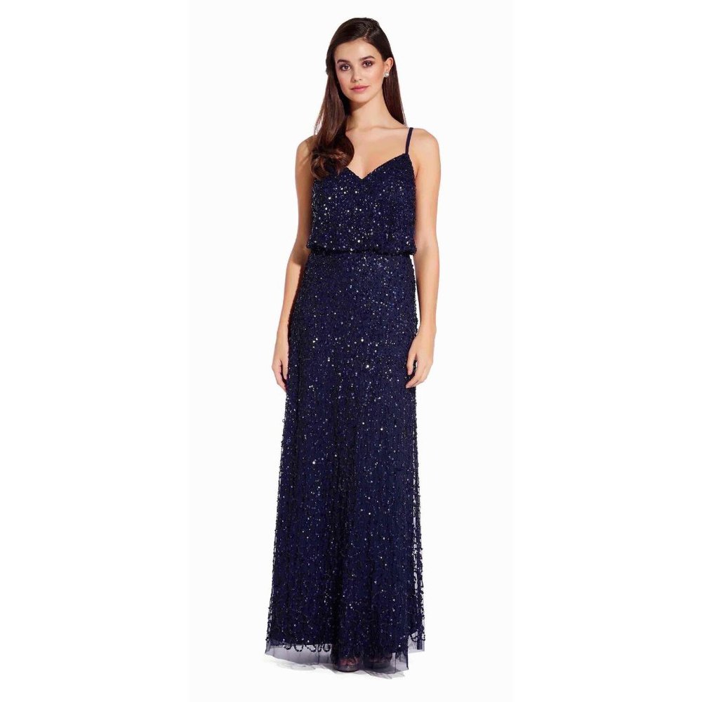 Adrianna Pappell Sequin Beaded Blouson Gown Navy